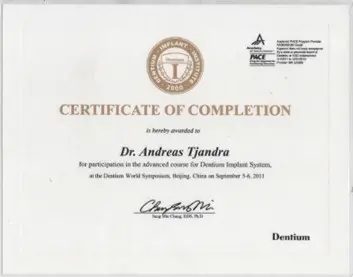 drg.andreas tjandra sp.perio spesialis implan gigi sertifikat Advanced Implant Course di Dentium World Symposium, Beijing, China