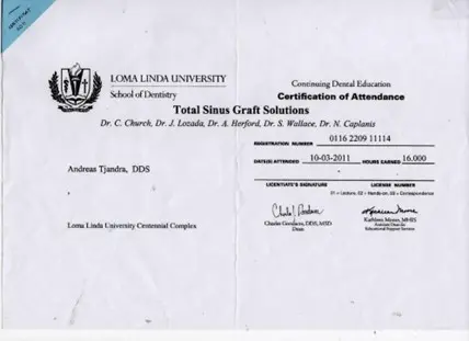 drg.andreas tjandra sp.perio spesialis implan gigi sertifikat Kursus pendidikan lanjutan implan gigi di Loma Linda University, USA