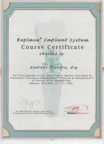 drg.andreas tjandra sp.perio spesialis implan gigi sertifikat Replace Implant System Course Nobel Biocare